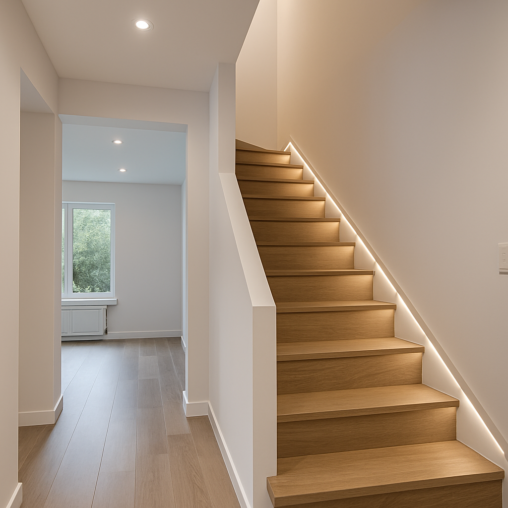 Escalier intérieur avec rubans LED intégrés