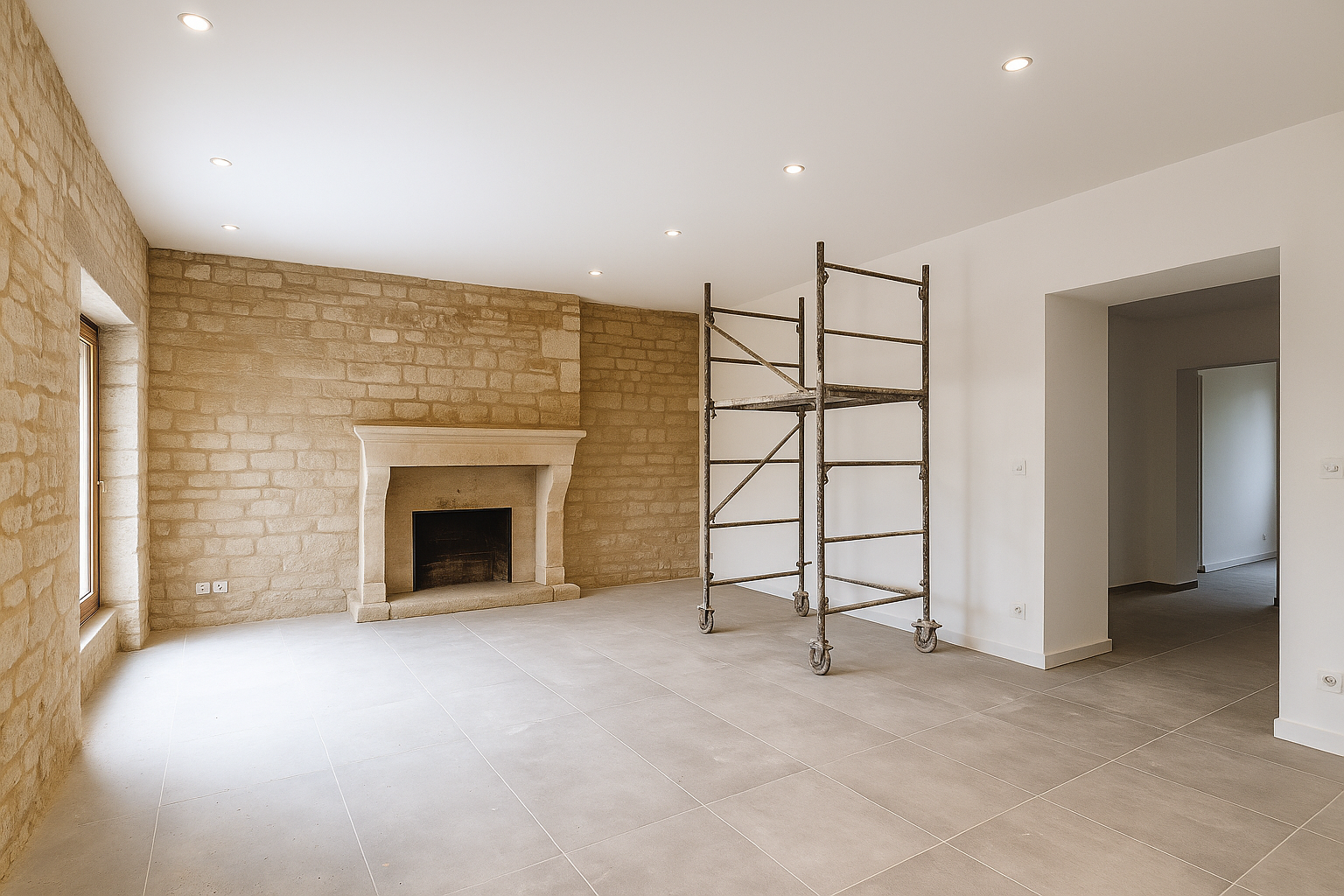 Salon en rénovation — murs en pierre